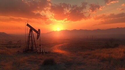 Naklejka premium Silhouetted Oil Pump Jack at Sunset in Desert Landscape
