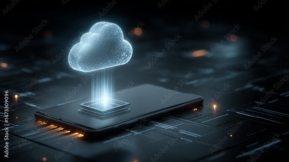 Poster cloud computing technology connecting smartphone and cloud data storage