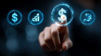 Businessman touches dollar sign icon representing business growth strategy