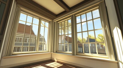 Fototapeta premium Sunlit Room with View of Charming Dutch Town