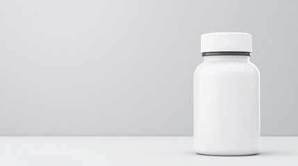 A plain white plastic pill bottle with a screw cap sits on a light surface against a neutral background.