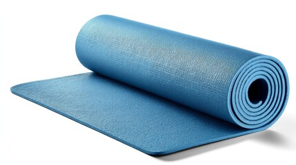 Obraz premium Rolled blue yoga mat on white background, perfect for fitness and relaxation rolled