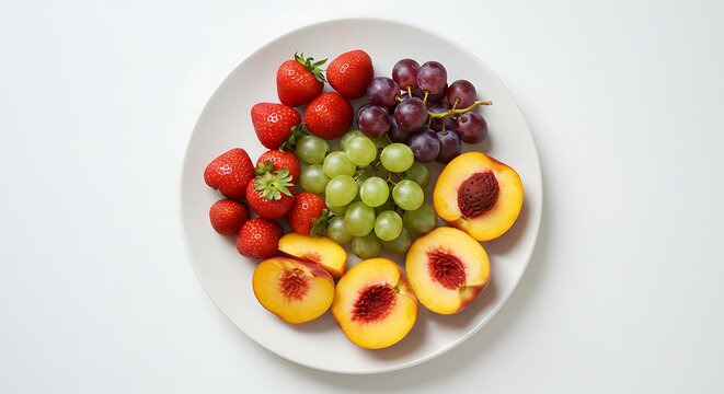 Delicious fresh fruit plate with strawberries peaches and grapes healthy food and diet concept