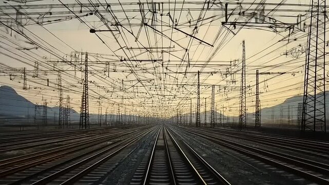 Converging lines: A journey through train tracks and power lines in landscape