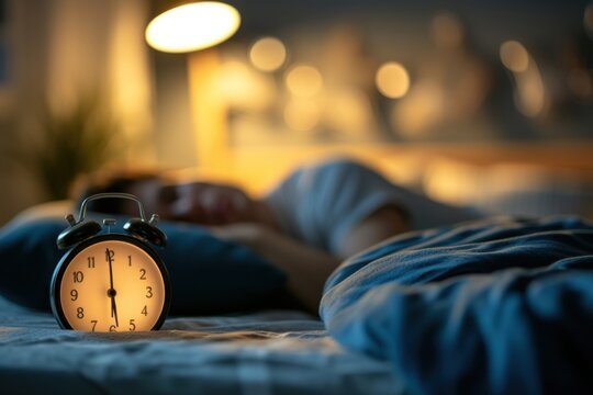 A person sleeping in a bed with a clock on the bedside table.