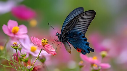 Colorful Butterfly on Pink Flower in Blooming Garden Setting