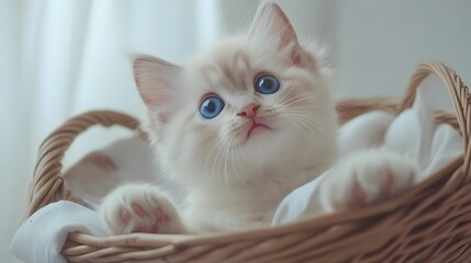 Obraz premium A fluffy kitten with big blue eyes in a basket