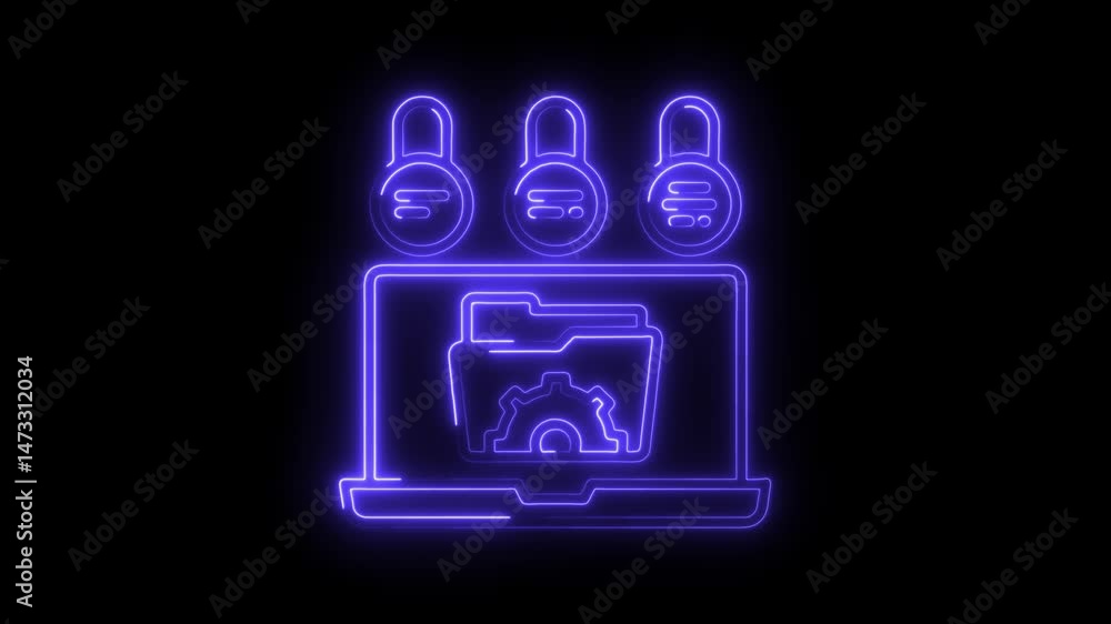Poster cybersecurity system configuration with glowing neon style laptop and padlocks for digital protectio