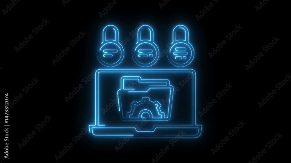 Poster glowing laptop with encrypted data and cogwheel processing in digital folder security concept