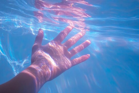 Surreal underwater reaching hand with ethereal light and flowing movement