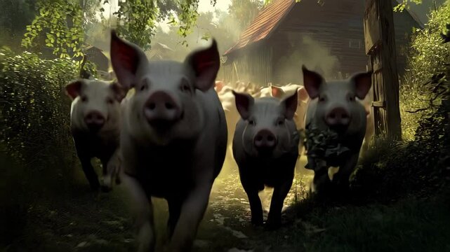 A group of pigs are running through a field. Scene is lighthearted and playful, as the pigs are running and playing in the grass