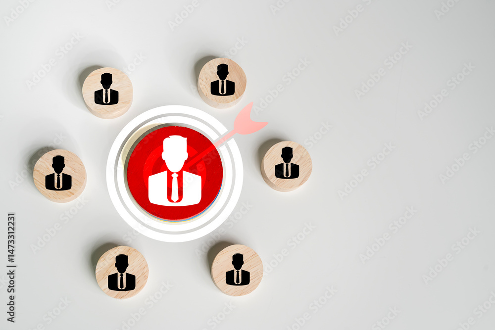 Poster customer relationship management concept. wooden block with target icon linked.