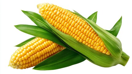 Obraz premium Two ears of fresh corn on a pristine white background, vibrant still life 