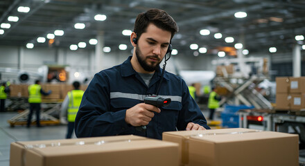 Focused Warehouse Worker Scanning Packages with Barcode Scanner in Busy Industrial Facility