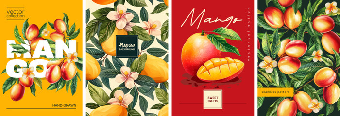 Hand drawn set of designs and patterns. Vectorized gouache illustrations. Illustrations of yellow-red mango with flowers and leaves for poster, prints, menu, card or textile