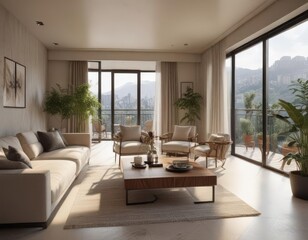Luxurious apartment interior, balcony access, natural light, window, sunlight