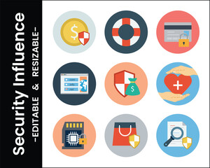 Set Of Nine Circular Security Iconography Symbols In Modern Flat Design Style