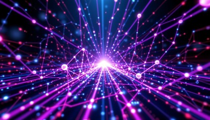 Fototapeta premium a captivating digital art piece showcasing an abstract and vibrant space composed of multicolored lines connecting spheres that glow with various hues of purple, blue, pink, and white