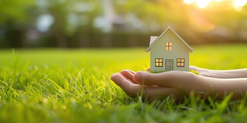 Two hands holding a small house model on a grassy field with a blurred background during sunset.