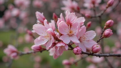 Cherry Blossoms Blooming in Spring with Soft Pink Petals on Branch Against a Blurred Background