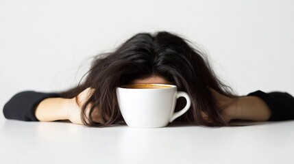 Exhausted woman with coffee cup, resting on table, burnout concept