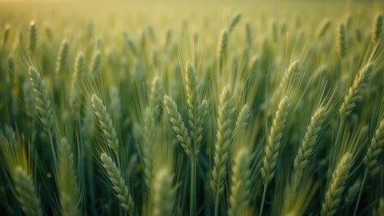 Close Up View of Lush Green Wheat Field Bathed in Gentle Morning Sunlight with Dewdrops