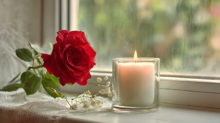 Fototapeta premium Romantic still life featuring a red rose, baby's breath, and a lit candle on a windowsill. Serene and peaceful.