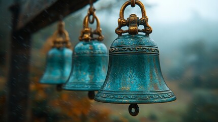 Fototapeta premium Three teal bells hang in the mist