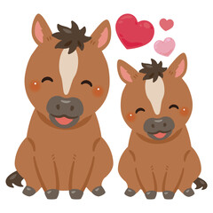 お座りした笑顔のウマの親子イラスト