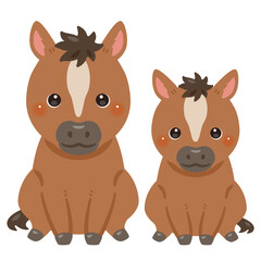 お座りしたウマの親子イラスト