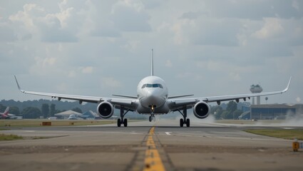 Commercial Airplane Preparing for Takeoff on Runway Under Cloudy Sky at Airport