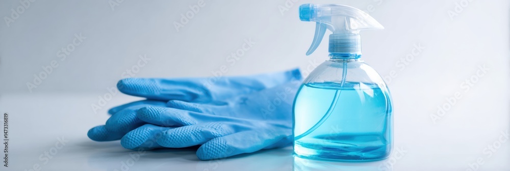 Poster disinfectant spray bottle with latex gloves set for cleaning and sanitizing in a light, modern envir