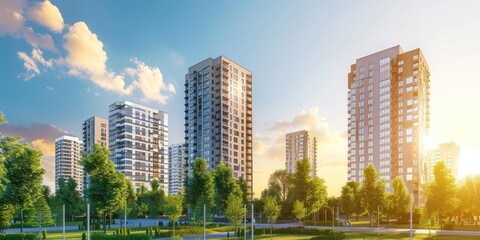 Obraz premium A modern urban skyline with high-rise buildings, trees, and a clear blue sky with scattered clouds.