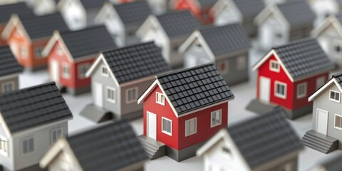 A group of miniature model houses arranged in a grid pattern on a white background.