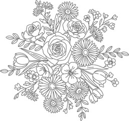 Outline image, bouquet image, beautiful, Vector-style image with sharp lines