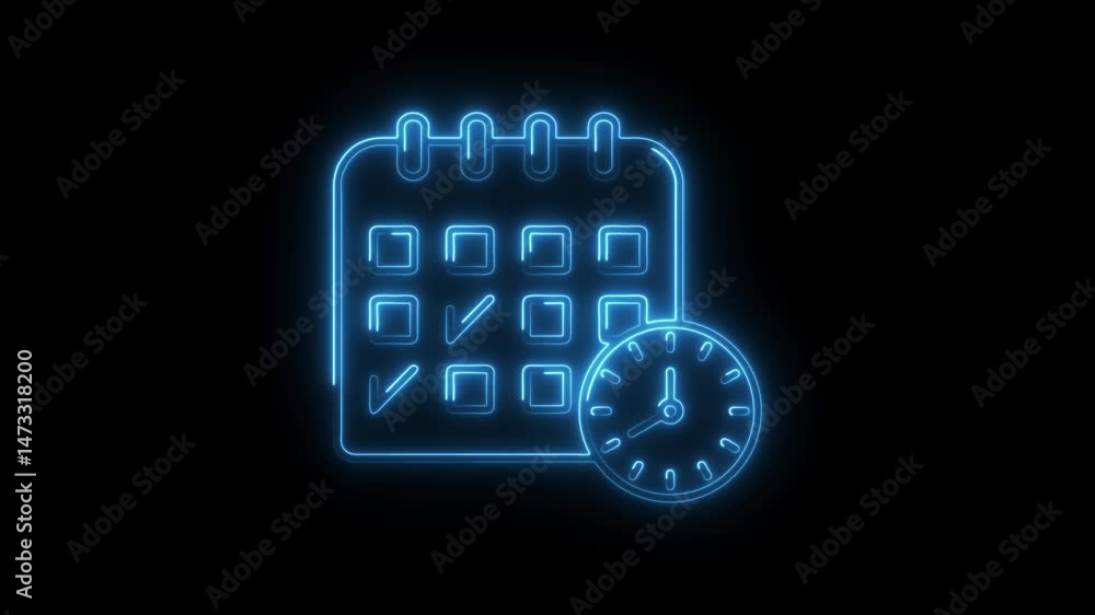 Poster glowing neon calendar with clock animation showing time management on black background