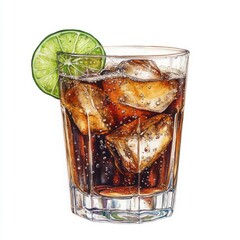 Refreshing Brown Cuba Libre Cocktail with Ice and Lime in Rocks Glass