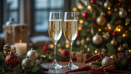 Elegant Champagne Glasses in a Festive Setting Near a Christmas Tree with Warm Lights