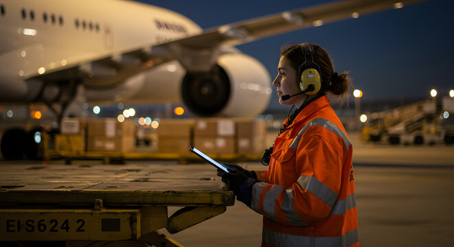 Night Shift Ground Crew Air Cargo Operations & Logistics Professional Managing Shipments at Airport - Powered by Adobe
