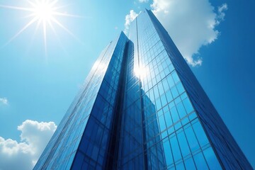 Obraz premium Modern skyscraper gleaming in bright sunlight, reflecting the blue sky , urban, contemporary architecture, real estate