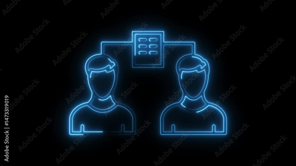 Poster neon style data exchange animation showing teamwork and communication between two people on black