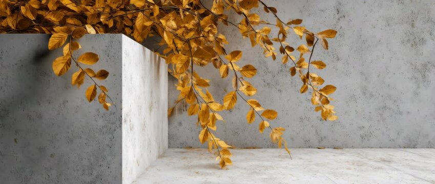 Golden leaves hang over a minimal corner shelf with a polished stone surface, captured with a locked-off overhead angle and soft ambient lighting.