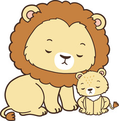 Lion Father, Hand Drawn Lion and Lion Cub Cartoon, Minimal Lion Baby Line Art Doodle