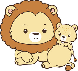 Lion Father, Hand Drawn Lion and Lion Cub Cartoon, Minimal Lion Baby Line Art Doodle