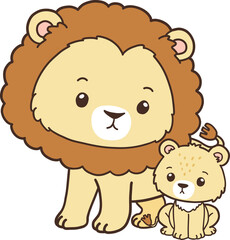 Lion Father, Hand Drawn Lion and Lion Cub Cartoon, Minimal Lion Baby Line Art Doodle