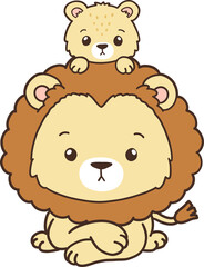 Lion Father, Hand Drawn Lion and Lion Cub Cartoon, Minimal Lion Baby Line Art Doodle