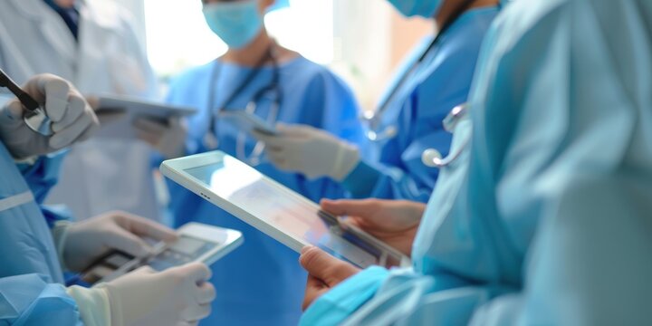 A group of healthcare professionals in blue scrubs and masks, using tablets and smartphones in a hospital setting.