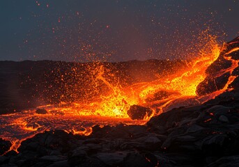 Molten lava lake eruption with luminous orange liquid lava splatter erupting into the dark night air. Dynamic volcanic phenomenon illustrating earth's raw power.