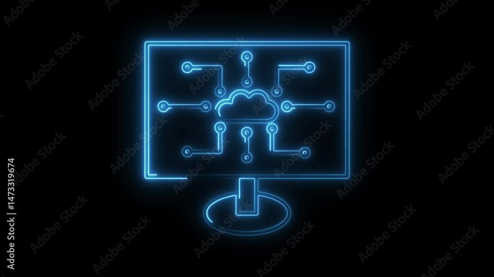 Poster glowing cloud computing network connecting to monitor on black background,futuristic digital technol