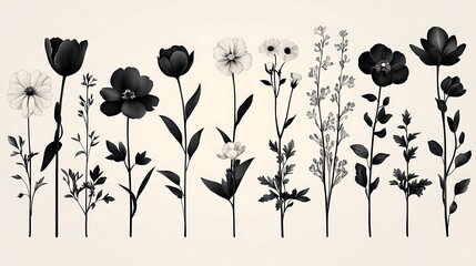 Elegant Monochrome Floral Collection: A Stylish Arrangement of Black and White Flowers